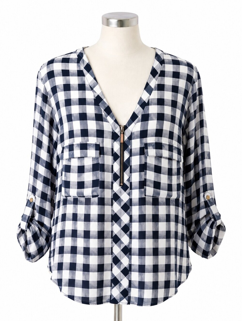Cato Navy Blue & White Gingham Plaid Chiffon Popover Top Sz 18/20W Casual Preppy